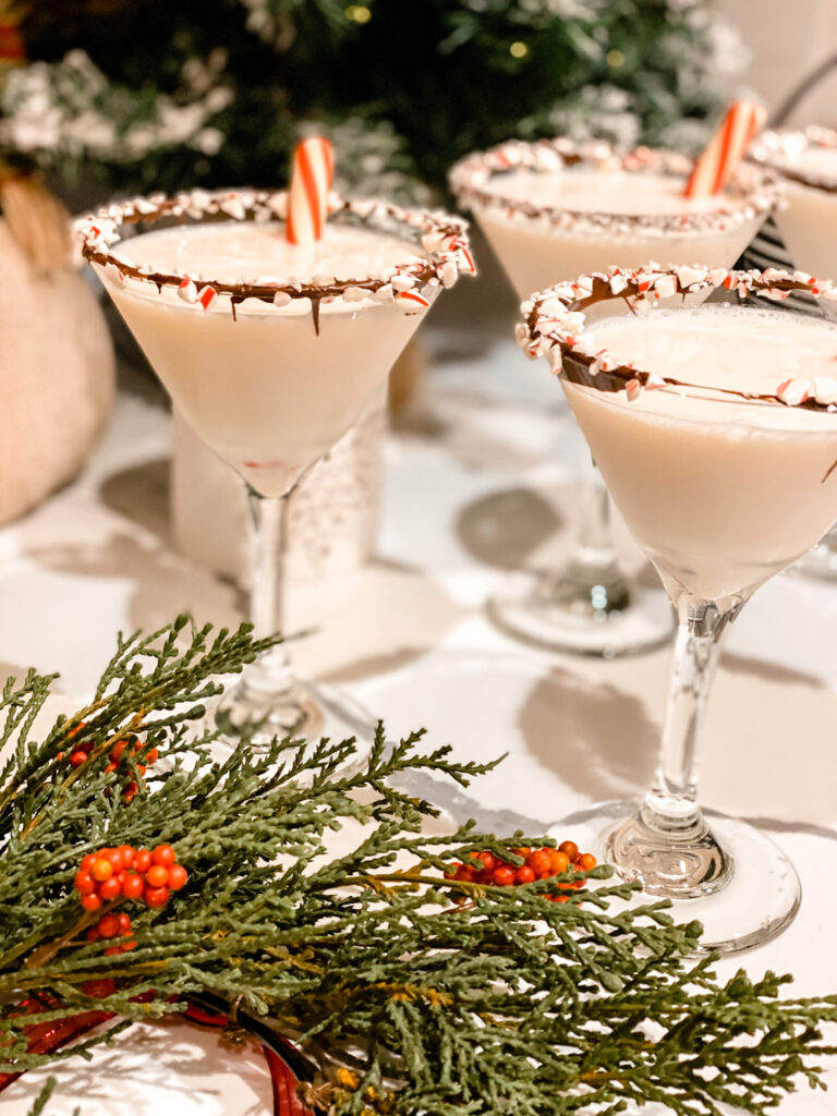 glasses of Christmas cocktails in peppermint martini