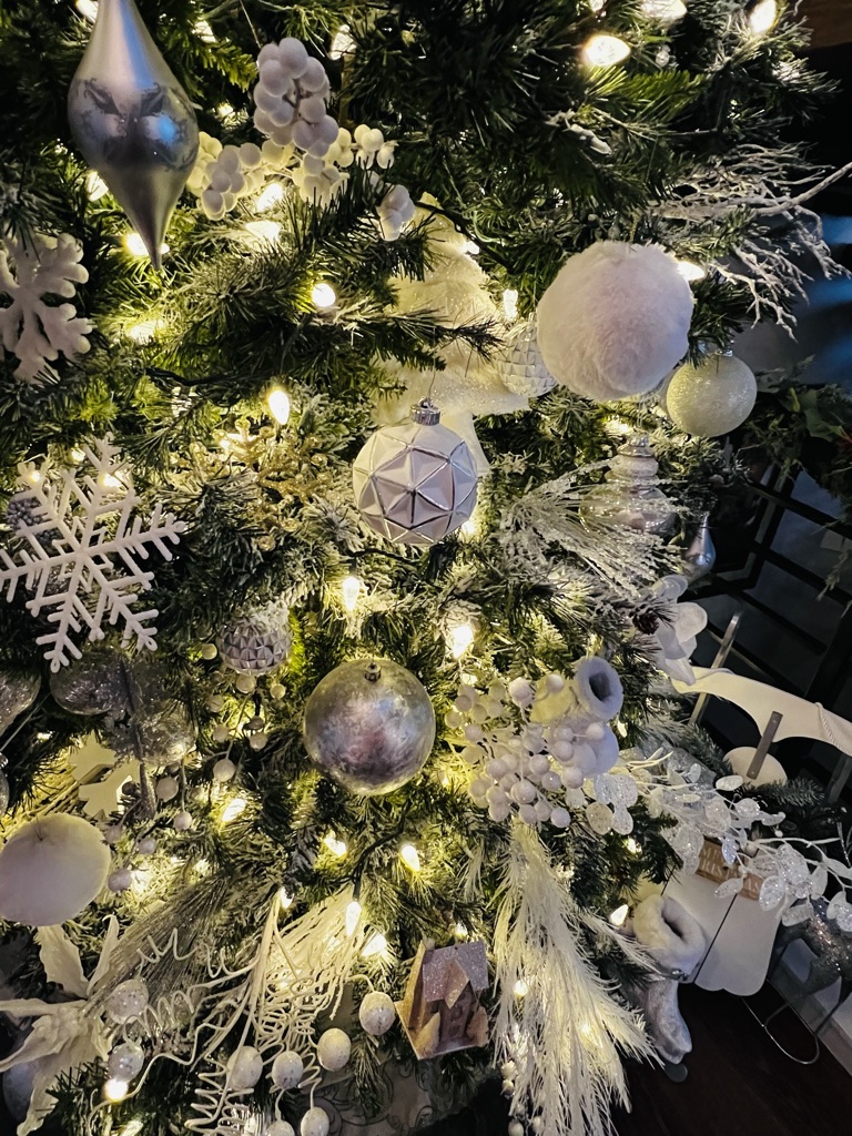 Faux Christmas Tree with white and silver decor