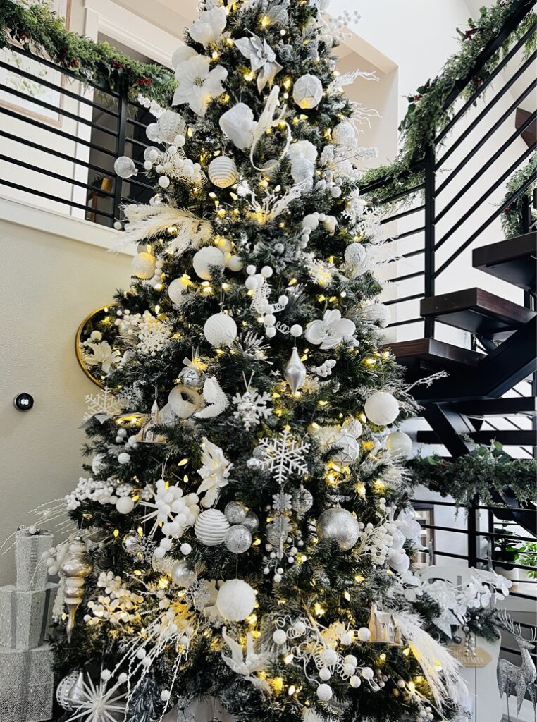 Faux Christmas Tree with white decorations
