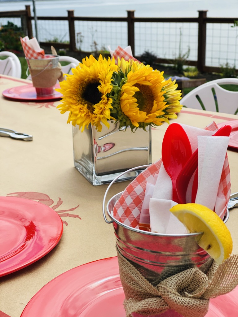 table setting for a Crab Boil Engagement Party