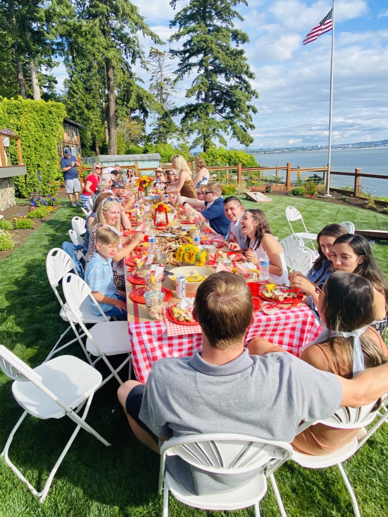 people eating at a Crab Boil Engagement Party