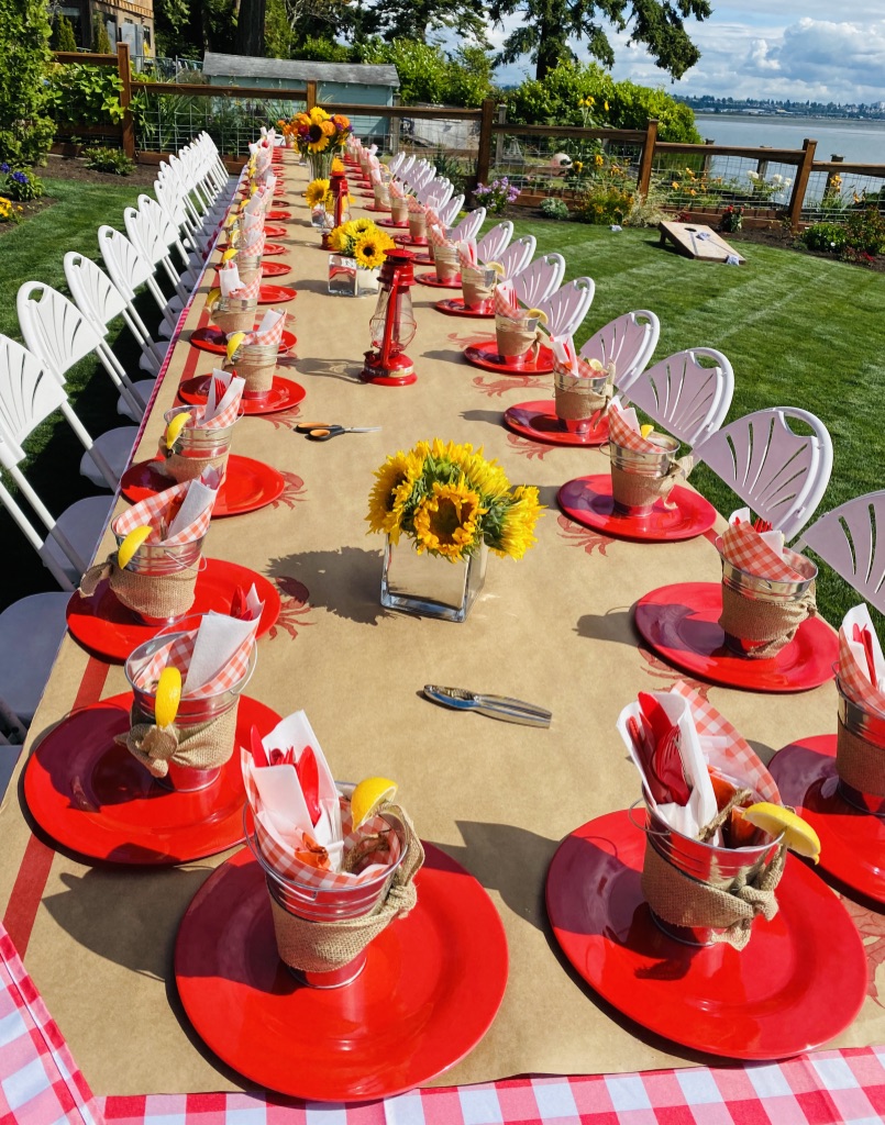 table setting for a Crab Boil Engagement Party