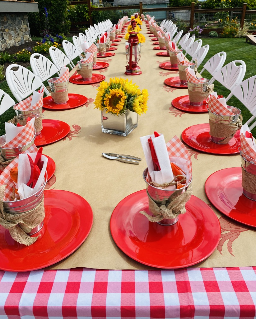 long table for a Crab Boil Engagement Party