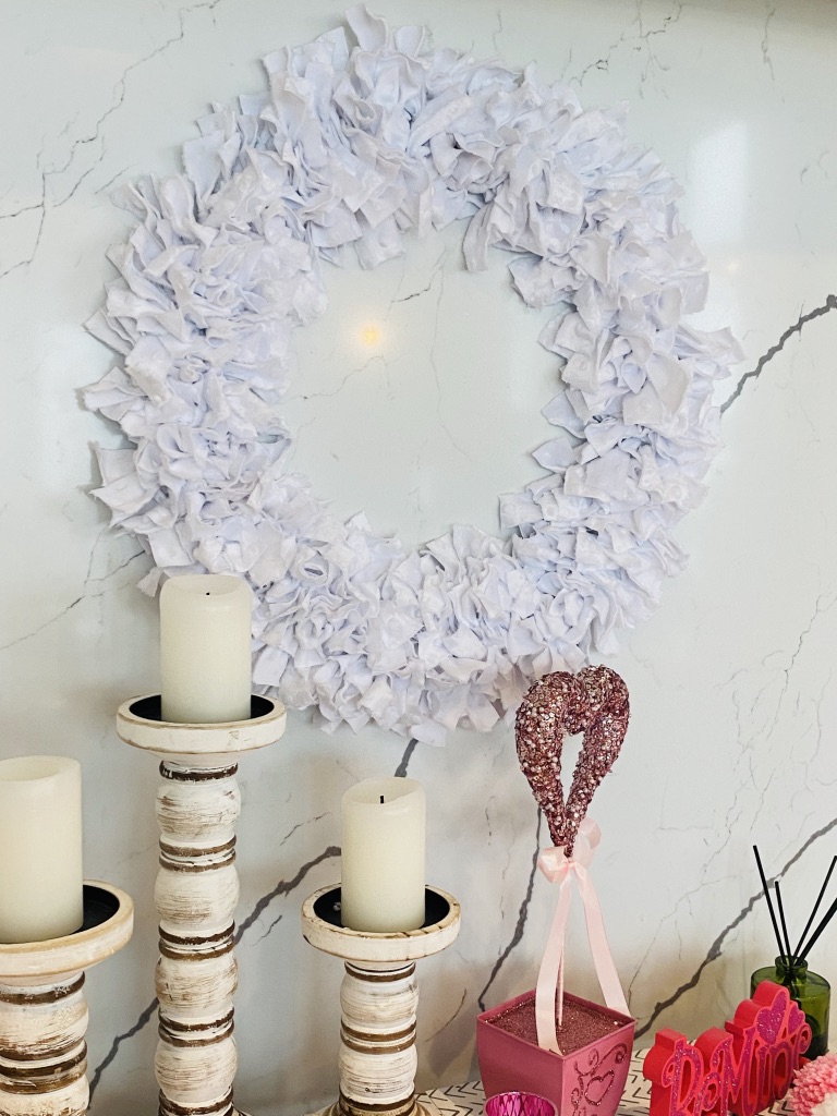 white DIY Chenille Rag Wreath for valentine's day