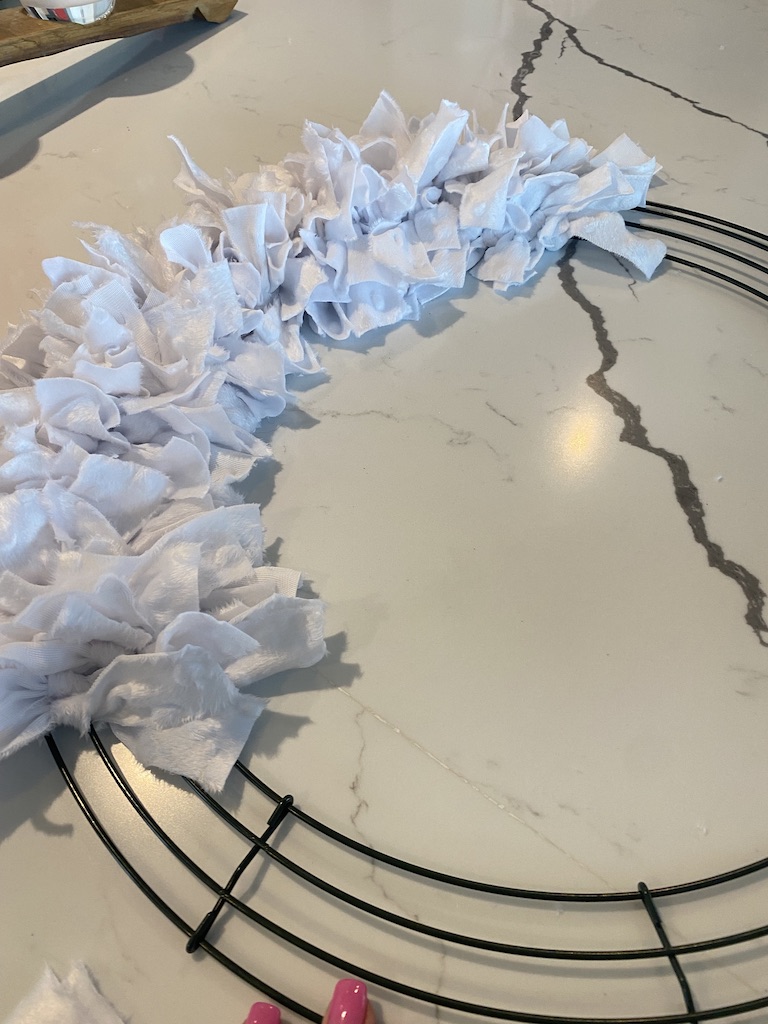 process of making white DIY Chenille Rag Wreath for valentine's day