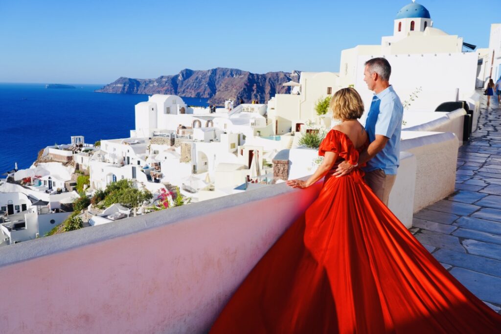 red dress outfit in santorini greece